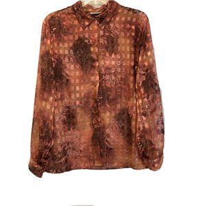 Semi sheer Peach abstract artsy floral gold metallic Sz L dress Shirt Blouse